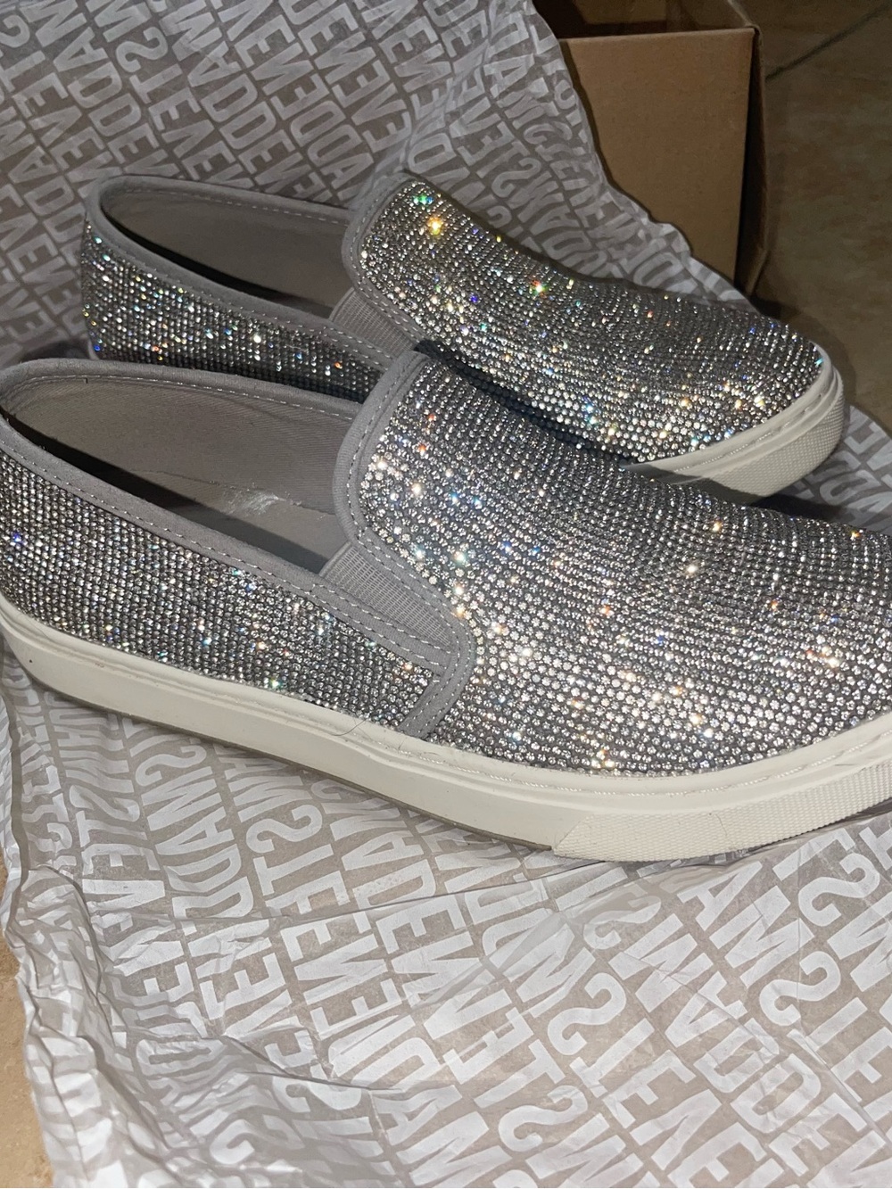 Steve Madden Silver Crystal Slip-On Mules